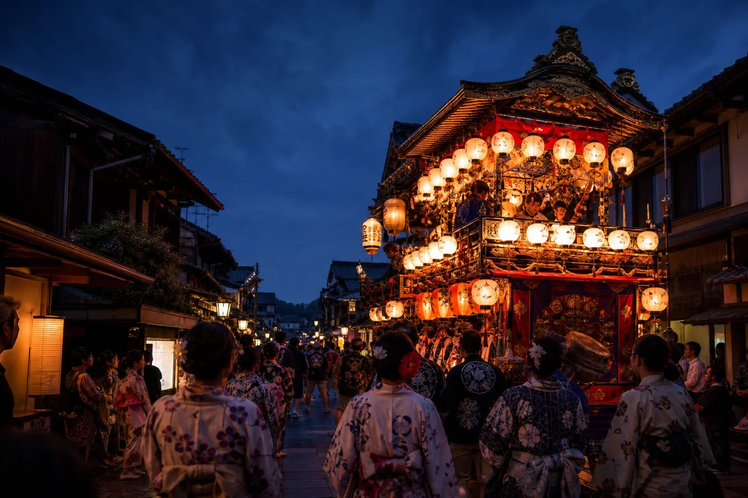 夜空に花火が広がる日本の祭り風景